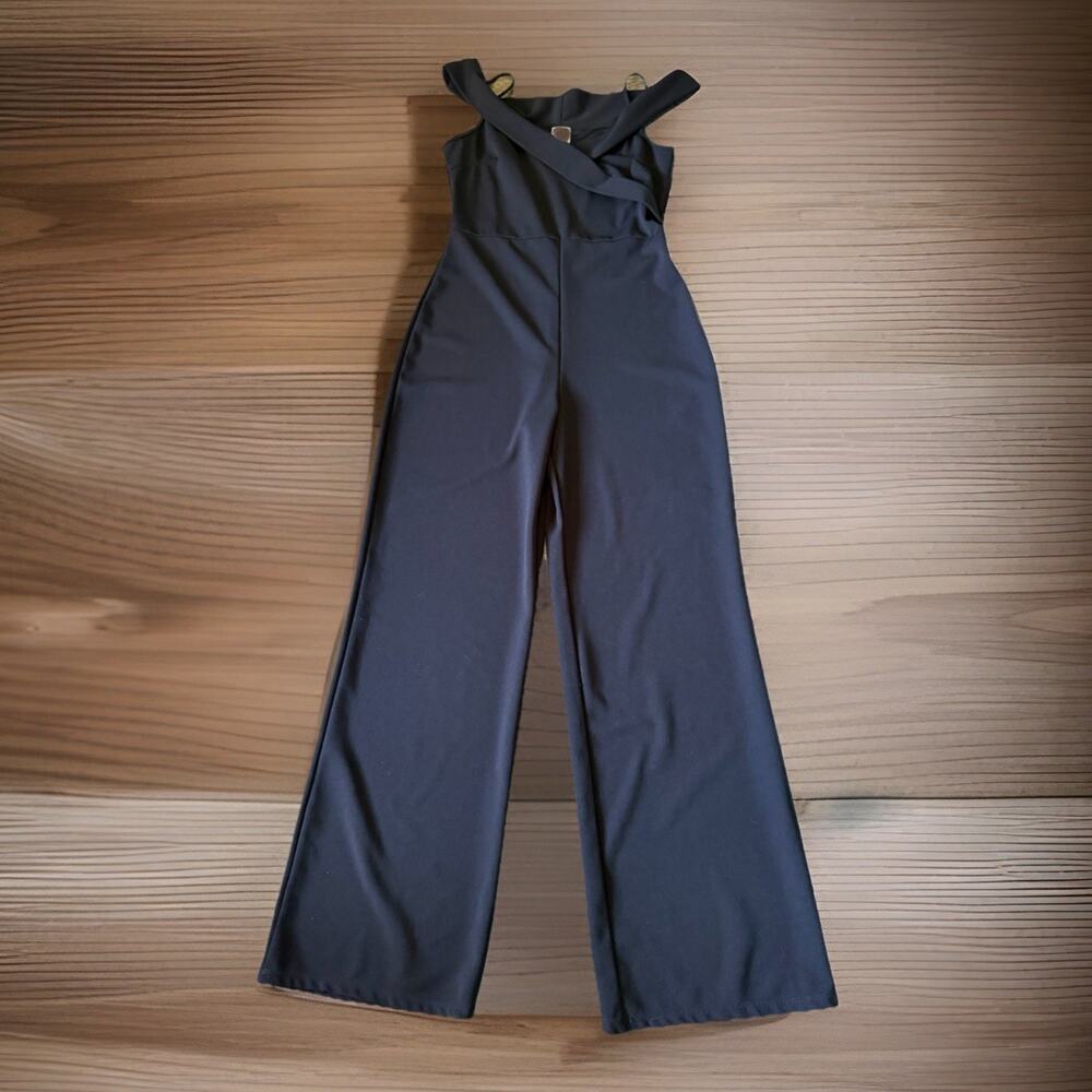 E.L.H. Studio Navy Ruffle Trim Wide Leg Jumpsuit Boho Coastal Women's Size L